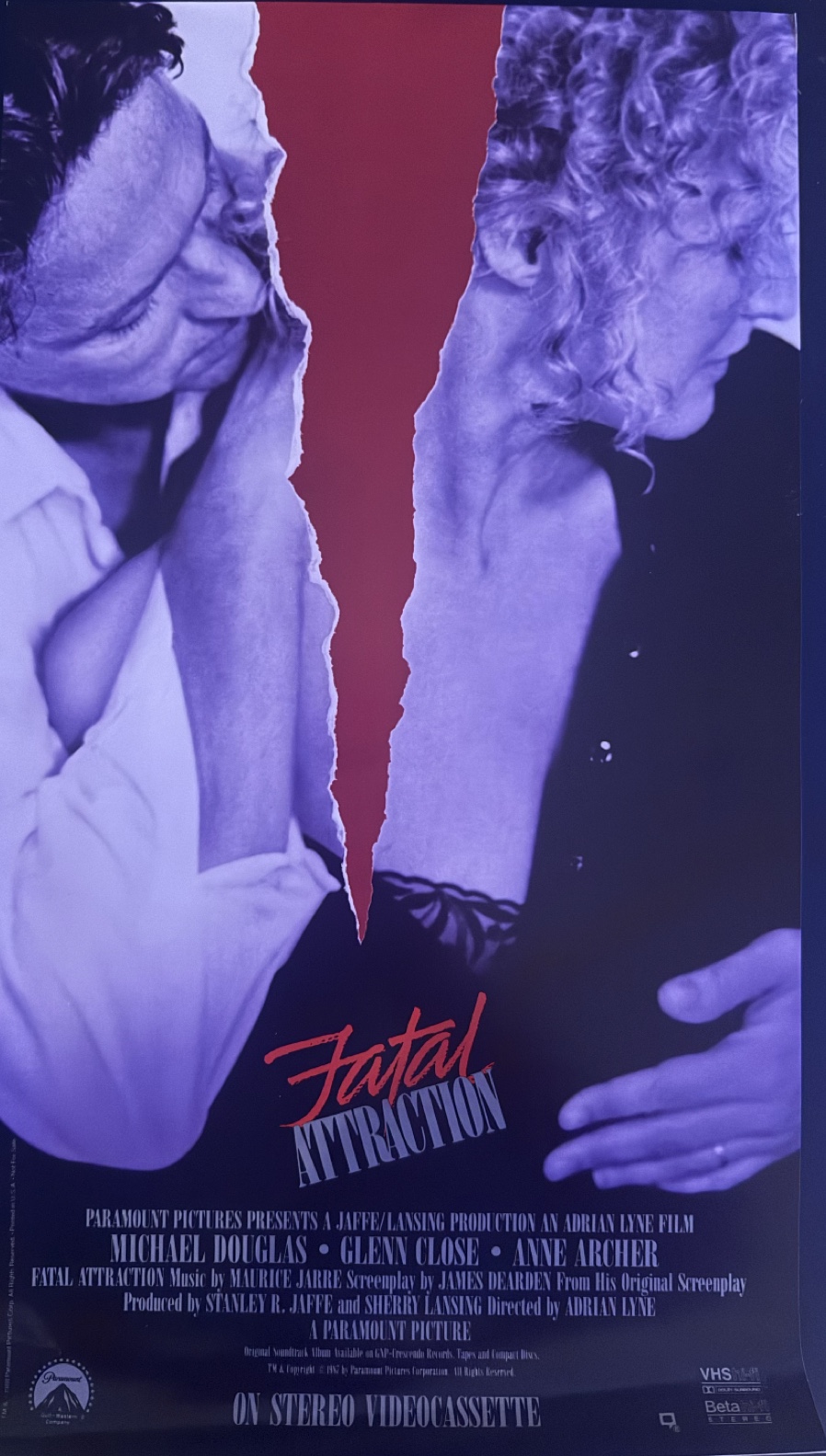Actual 1987 Fatal Attraction — Paramount Home Video promotional poster poster, front view