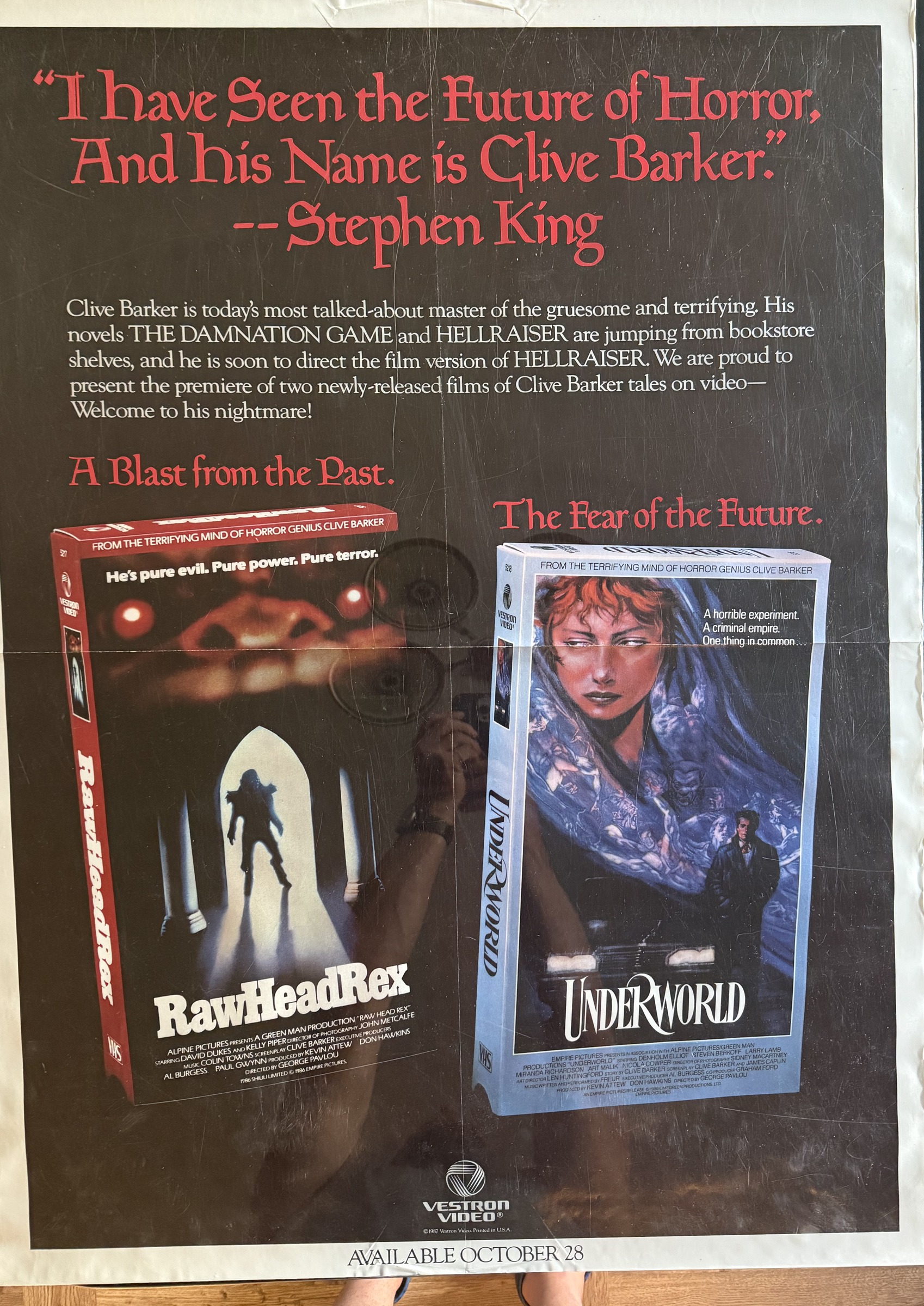 Actual Rawhead Rex / Underworld — Vestron Video Clive Barker promotional poster, front view