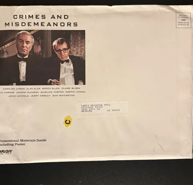 Actual Crimes and Misdemeanors - Orion Home Video promotional materials envelope front photograph