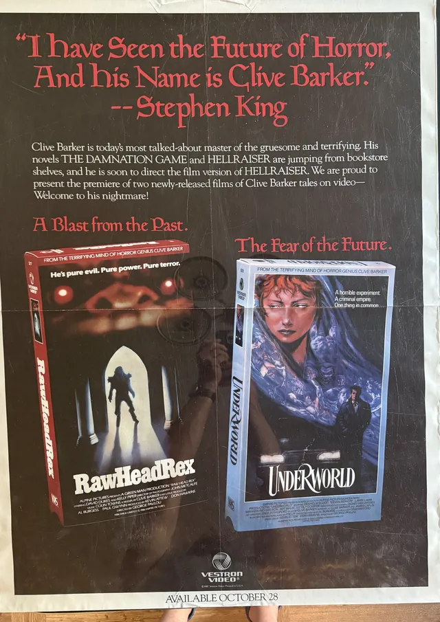 Actual Rawhead Rex / Underworld — Vestron Video Clive Barker promotional poster front photograph